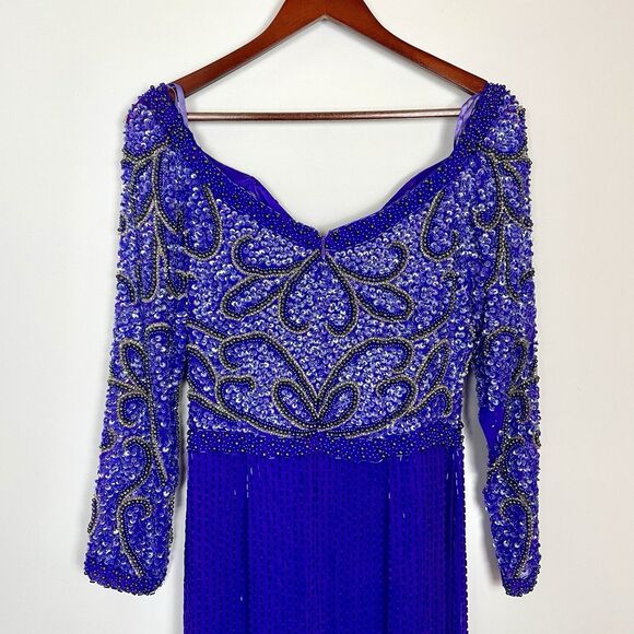 Alyce Originals Vintage 100% Silk Fully Beaded Long Sleeve Dress Purple Size 10 - Picture 9 of 15